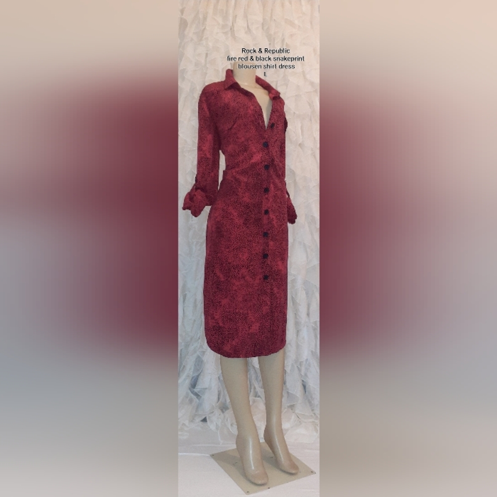 Snake Print Red & Black Midi Blouson Shirt Dress L